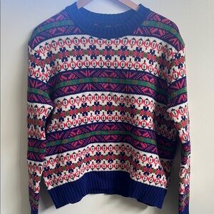 J. Crew Blue and Pink Fair Isle Crew Neck Sweater